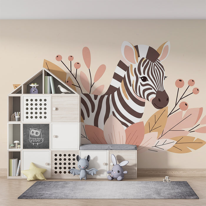 Babykamer behang | Schattige zebra omringd door zachte bladeren