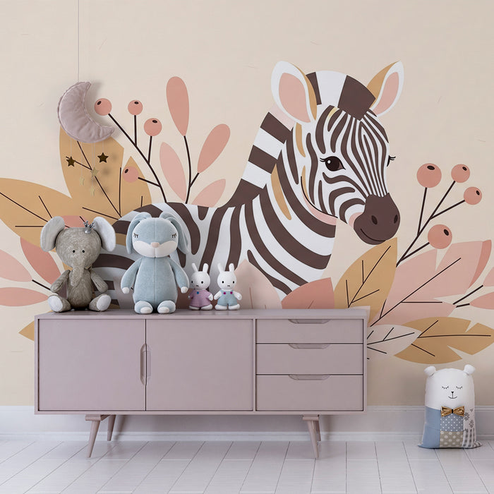 Babykamer behang | Schattige zebra omringd door zachte bladeren