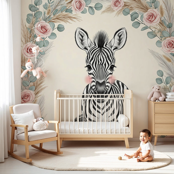 Papier peint chambre bébé | Mignonne zèbre entourée de fleurs