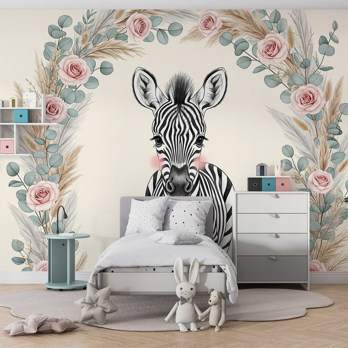Papier peint chambre bébé | Mignonne zèbre entourée de fleurs