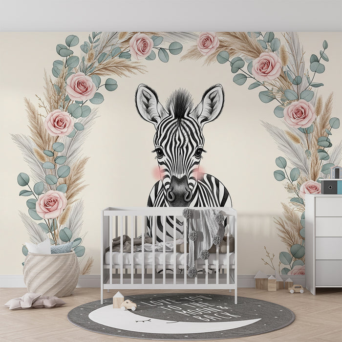 Papier peint chambre bébé | Mignonne zèbre entourée de fleurs