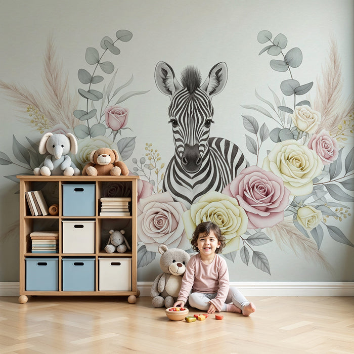 Babykamer behang | Schattige zebra omringd door delicate bloemen