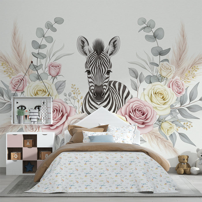 Babykamer behang | Schattige zebra omringd door delicate bloemen
