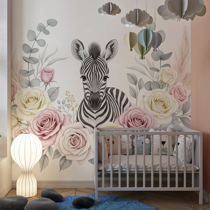 Babykamer behang | Schattige zebra omringd door delicate bloemen