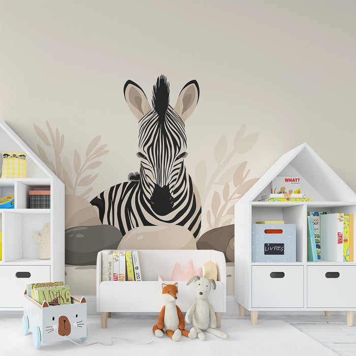 Lastenhuoneen tapetti | Söpö seepra ympäröi kiviä ja pehmeää lehtikasvillisuutta