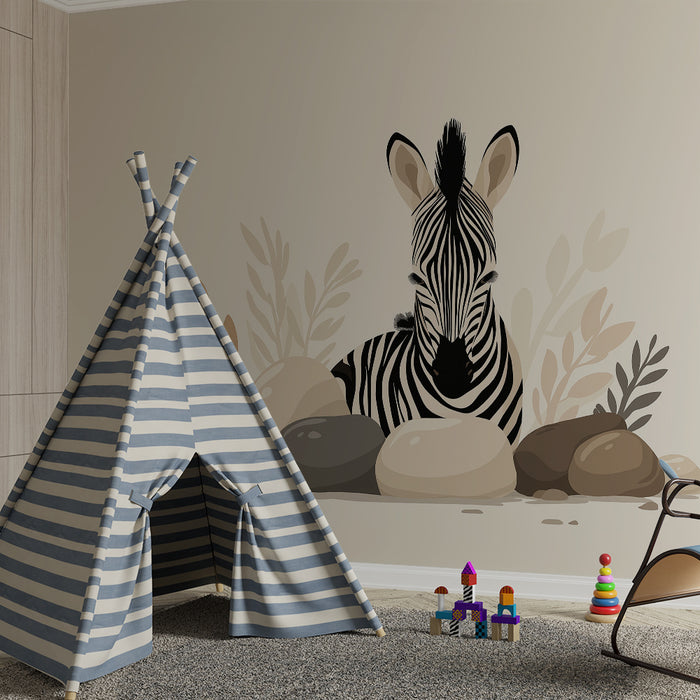 Lastenhuoneen tapetti | Söpö seepra ympäröi kiviä ja pehmeää lehtikasvillisuutta