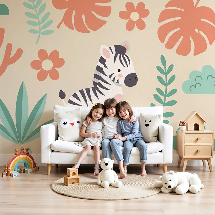 Babykamer behang | Schattige zebra en kleurrijke bloemenmotieven