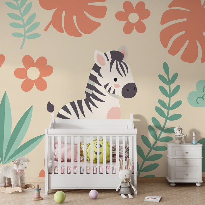 Babykamer behang | Schattige zebra en kleurrijke bloemenmotieven