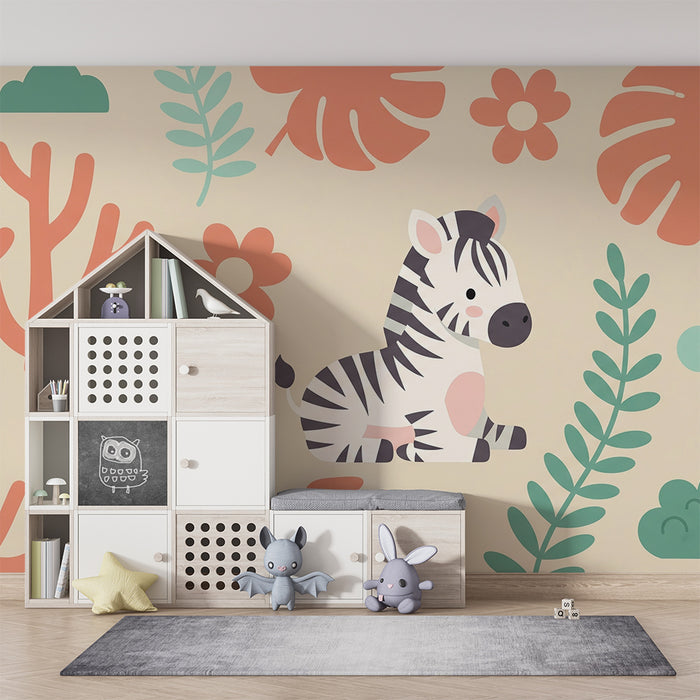 Babykamer behang | Schattige zebra en kleurrijke bloemenmotieven