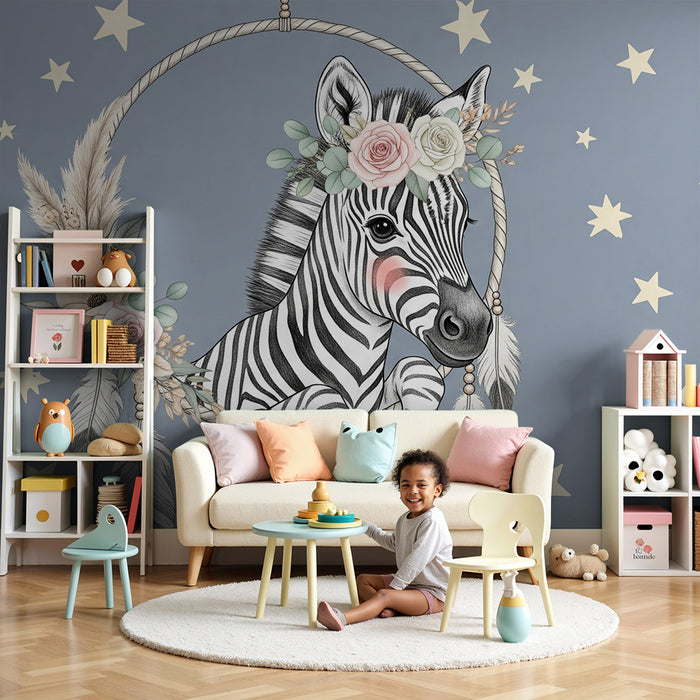 Papier peint chambre bébé | Mignonne zèbre floral sous les étoiles