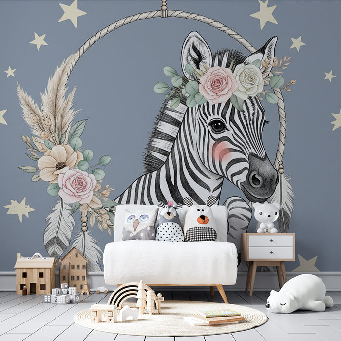 Papier peint chambre bébé | Mignonne zèbre floral sous les étoiles