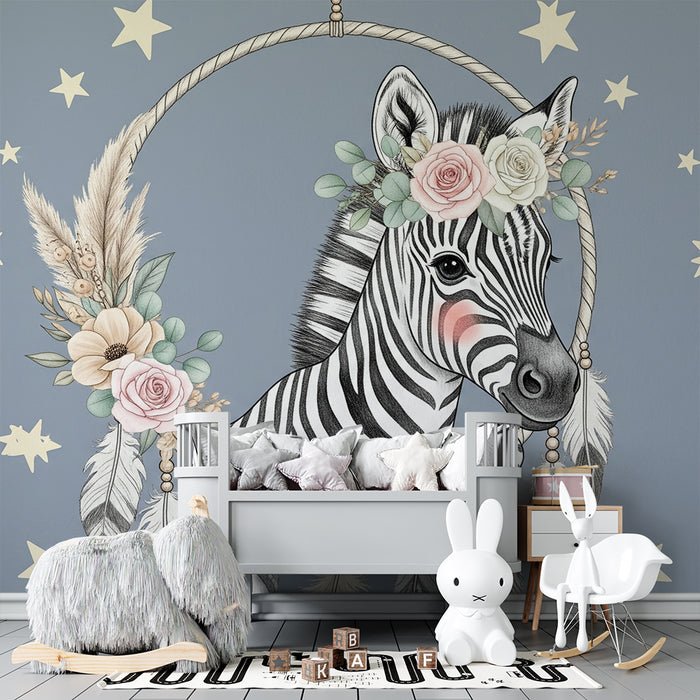 Papier peint chambre bébé | Mignonne zèbre floral sous les étoiles