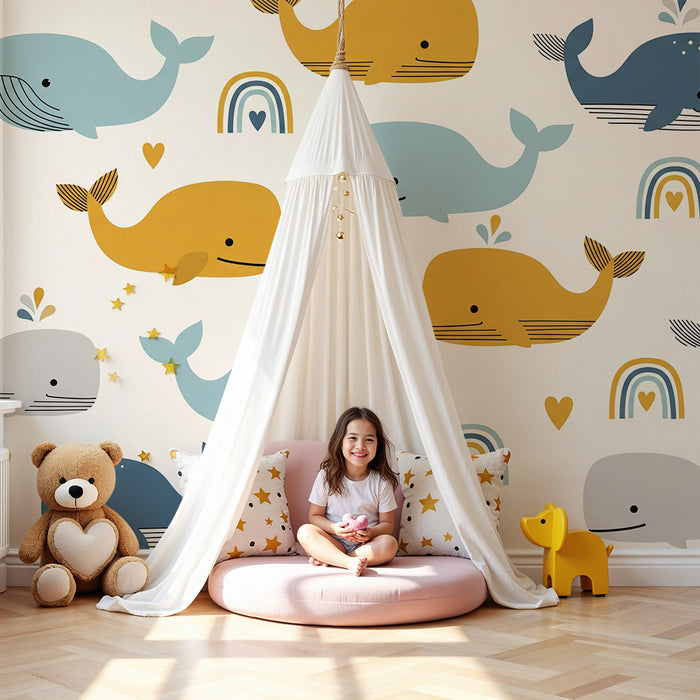 Lastenhuoneen tapetti | Suloiset valaat ja sateenkaaret