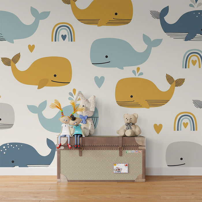 Lastenhuoneen tapetti | Suloiset valaat ja sateenkaaret