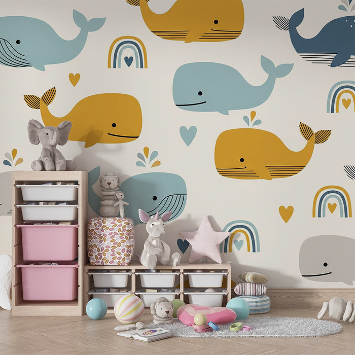 Lastenhuoneen tapetti | Suloiset valaat ja sateenkaaret