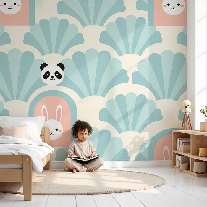 Papier de parede pre detskú izbu | Rozkošné ilustrácie pandy a králika na pozadí mušlí
