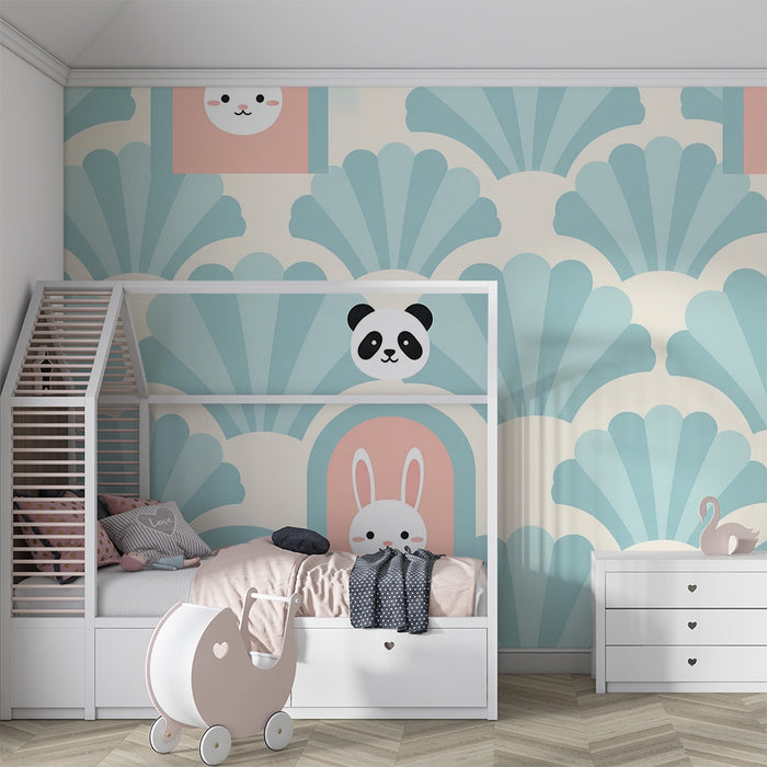 Papier de parede pre detskú izbu | Rozkošné ilustrácie pandy a králika na pozadí mušlí