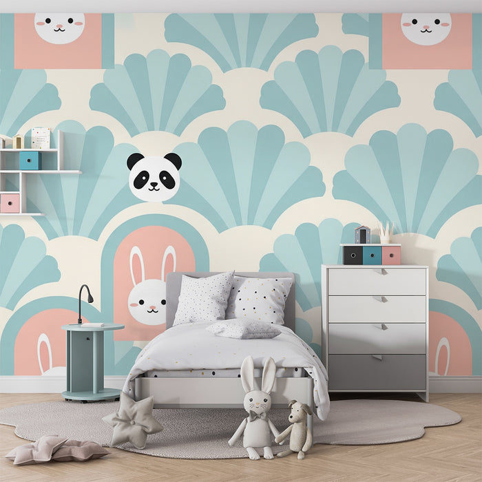 Papier de parede pre detskú izbu | Rozkošné ilustrácie pandy a králika na pozadí mušlí