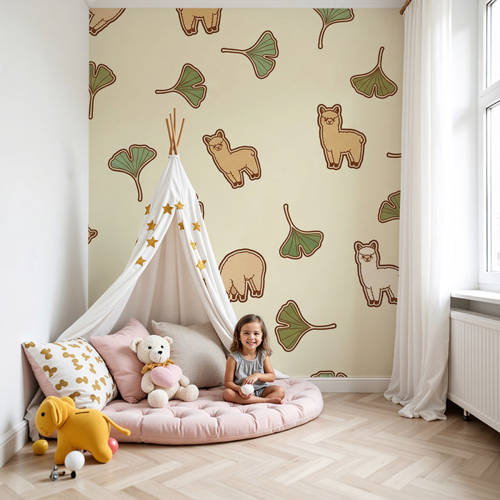 Behang kinderkamer | Schattige alpaca's en ginkgoblaadjes op zachte achtergrond