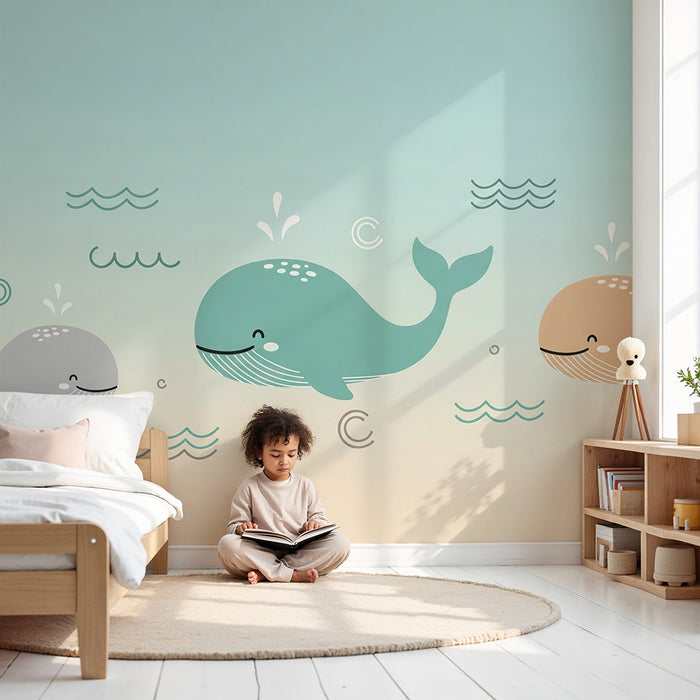 Papier peint chambre bébé | Mignons baleines et vagues dans des tons doux