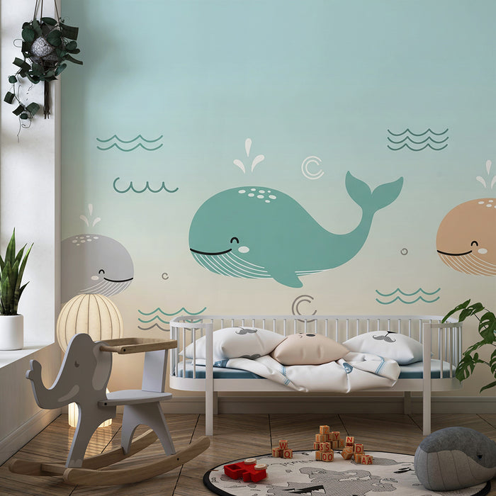 Papier peint chambre bébé | Mignons baleines et vagues dans des tons doux