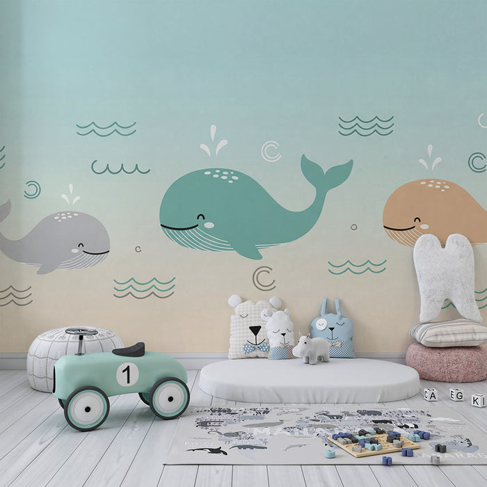 Papier peint chambre bébé | Mignons baleines et vagues dans des tons doux