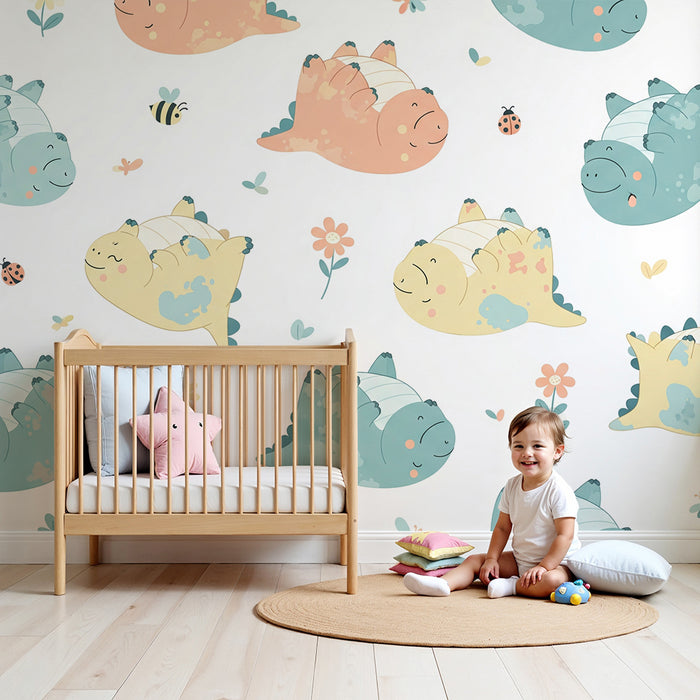 Babykamer behang | Schattige, kleurrijke zwevende dinosaurussen tussen bloemen en insecten