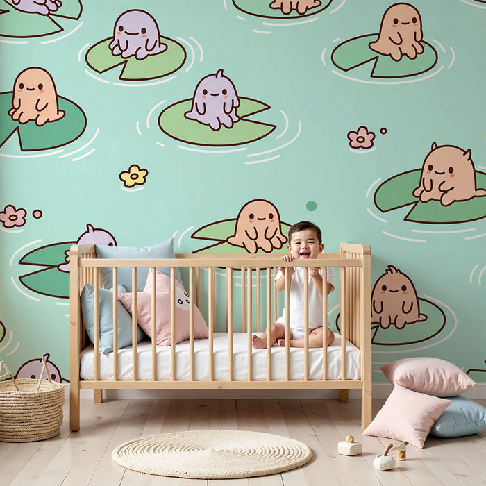 Papier peint chambre bébé | Mignons petits animaux sur des nénuphars dans un étang paisible