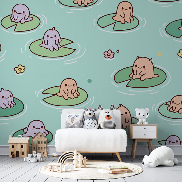 Papier peint chambre bébé | Mignons petits animaux sur des nénuphars dans un étang paisible