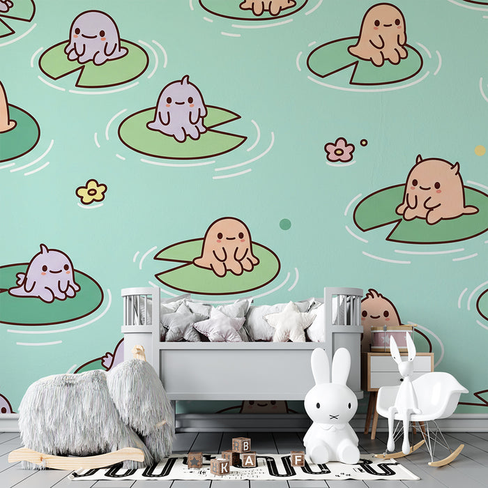 Papier peint chambre bébé | Mignons petits animaux sur des nénuphars dans un étang paisible