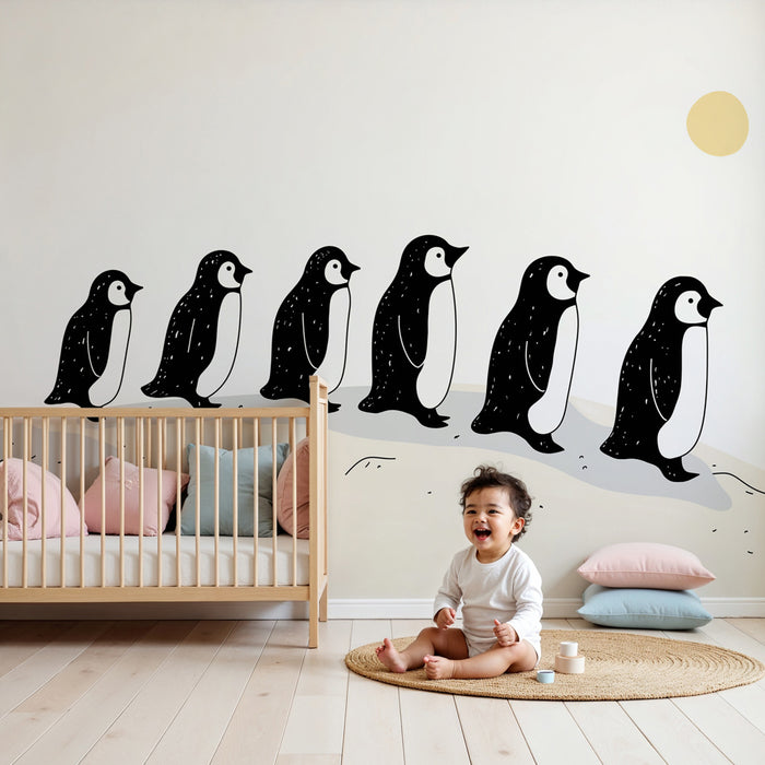 Papier peint chambre bébé | Mignons petits pingouins en marche