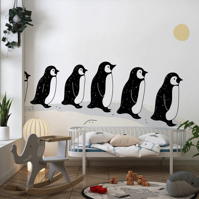 Papier peint chambre bébé | Mignons petits pingouins en marche