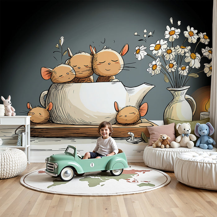 Nursery room wallpaper | Aranyos kis egerek egy teáskannában virágokkal és gyertyával