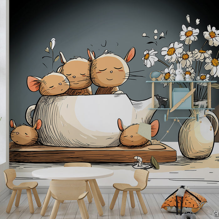 Nursery room wallpaper | Aranyos kis egerek egy teáskannában virágokkal és gyertyával