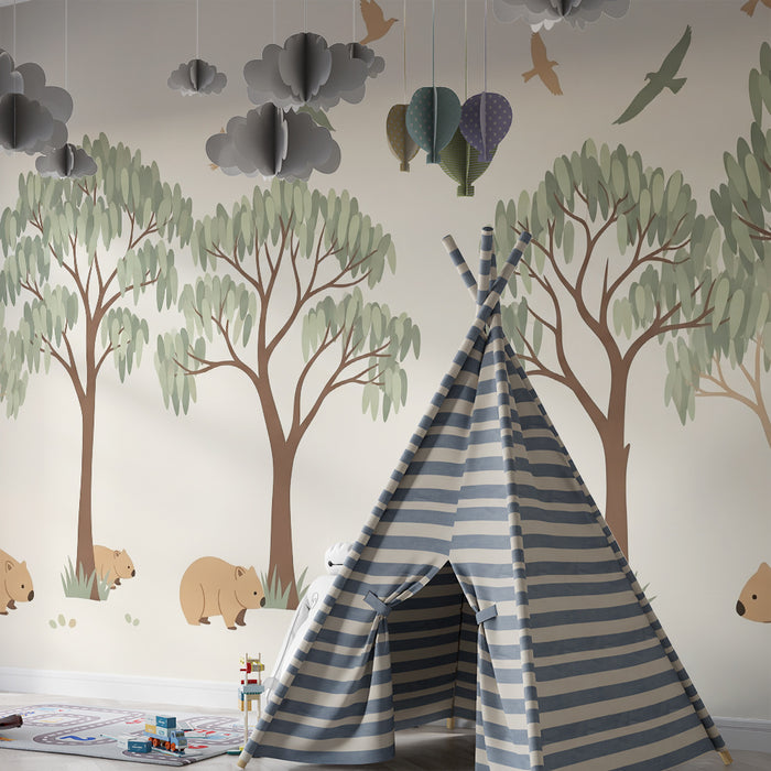 Papier peint chambre bébé | Mignons wombats dans une forêt apaisante