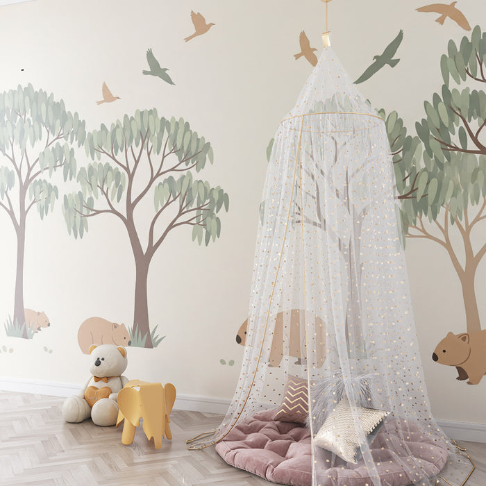 Papier peint chambre bébé | Mignons wombats dans une forêt apaisante