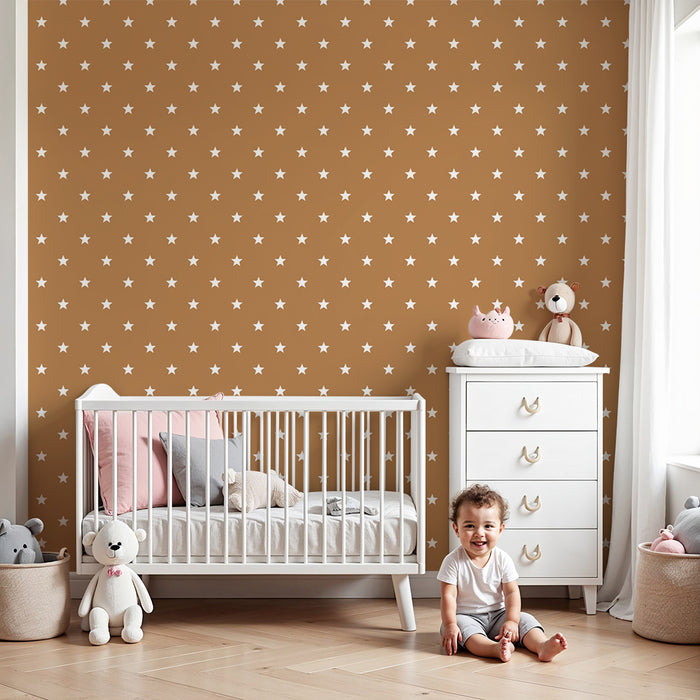 Lastenhuoneen tapetti | Pienet valkoiset tähdet terrakotanvärisellä taustalla