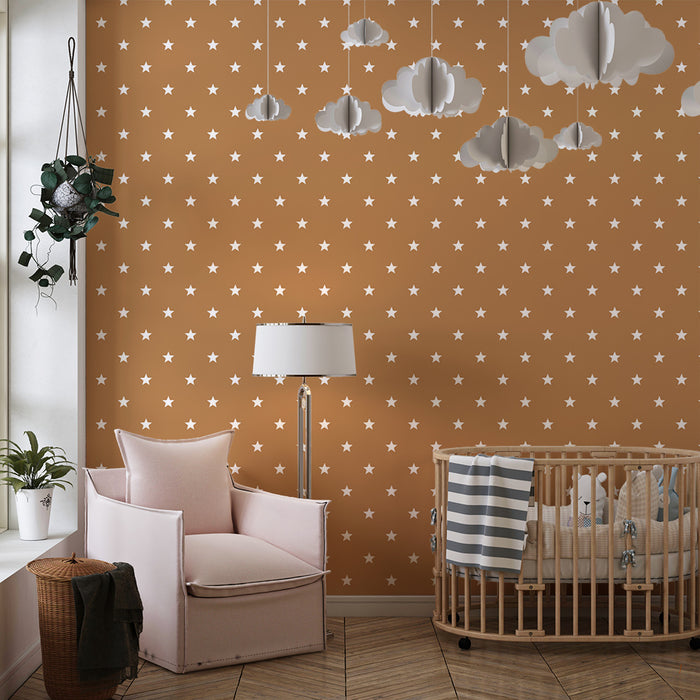 Lastenhuoneen tapetti | Pienet valkoiset tähdet terrakotanvärisellä taustalla