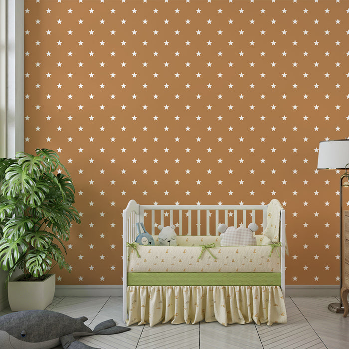 Lastenhuoneen tapetti | Pienet valkoiset tähdet terrakotanvärisellä taustalla