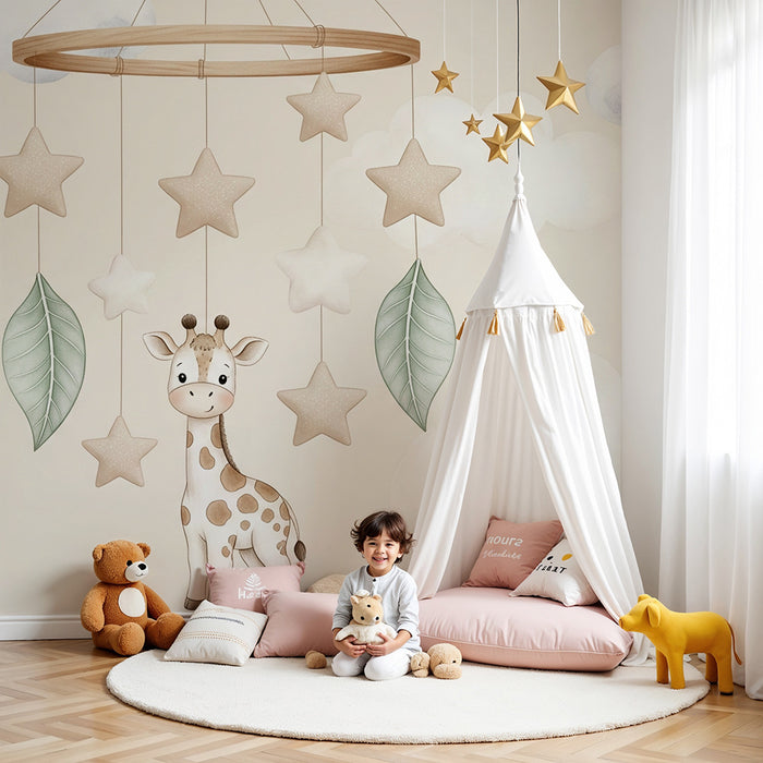 Papier peint chambre bébé | Mobile de girafe et étoiles douces