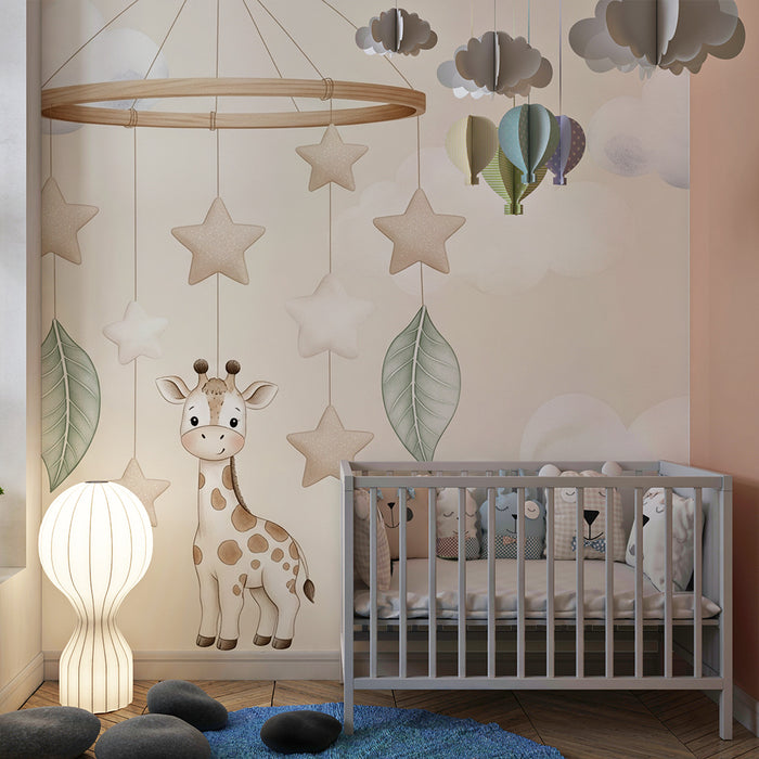 Papier peint chambre bébé | Mobile de girafe et étoiles douces