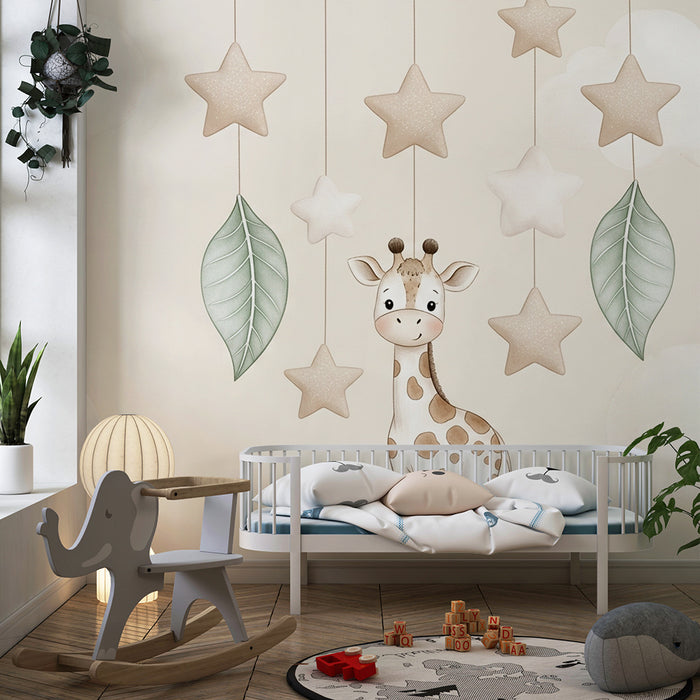 Papier peint chambre bébé | Mobile de girafe et étoiles douces