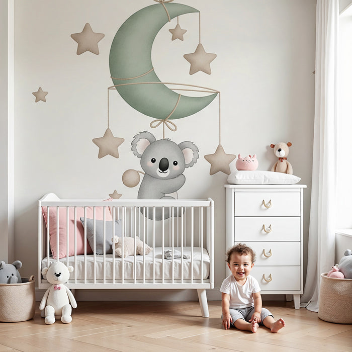 Nursery room wallpaper | Koala and starry moon mobile
