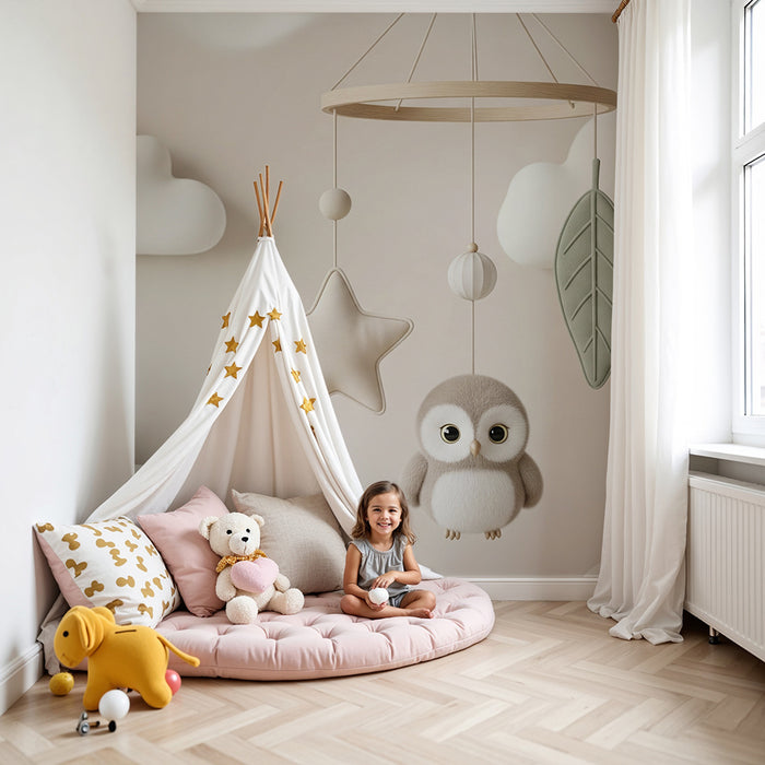 Papel pintado infantil | Móvil suave con búho y nubes