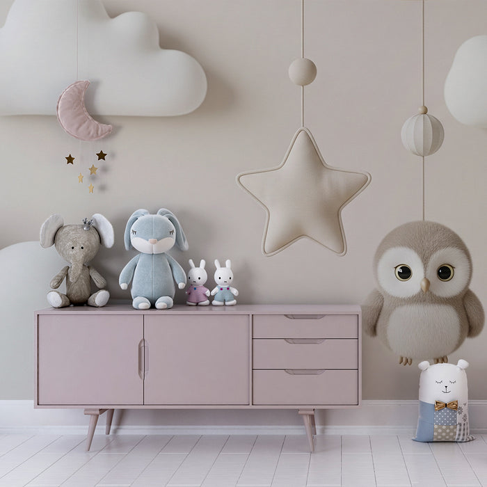 Papel pintado infantil | Móvil suave con búho y nubes