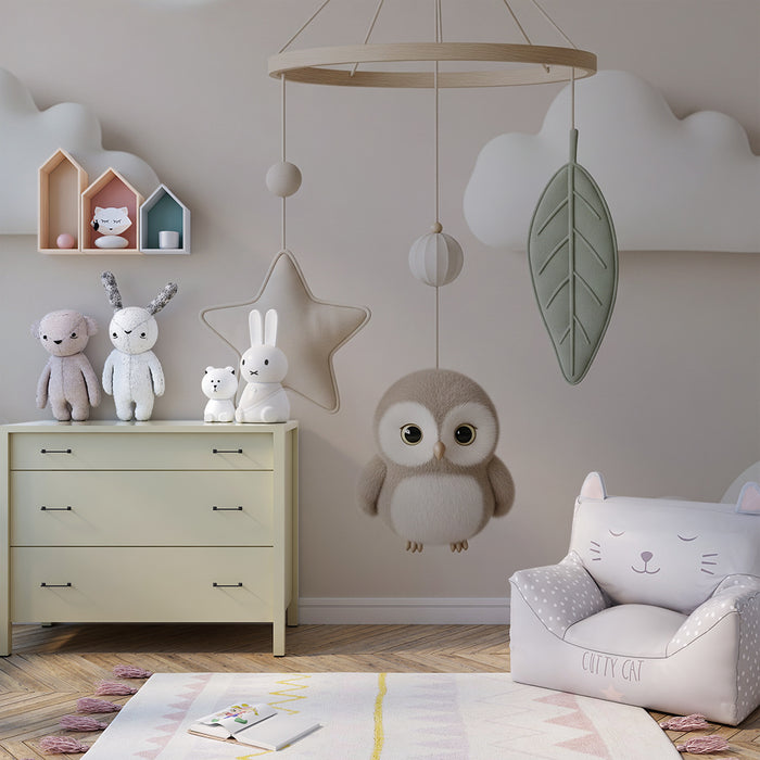 Papel pintado infantil | Móvil suave con búho y nubes