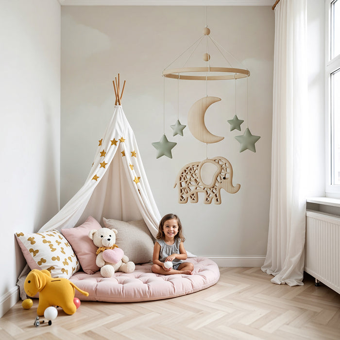 Papier peint chambre bébé | Mobile éléphant et ciel étoilé