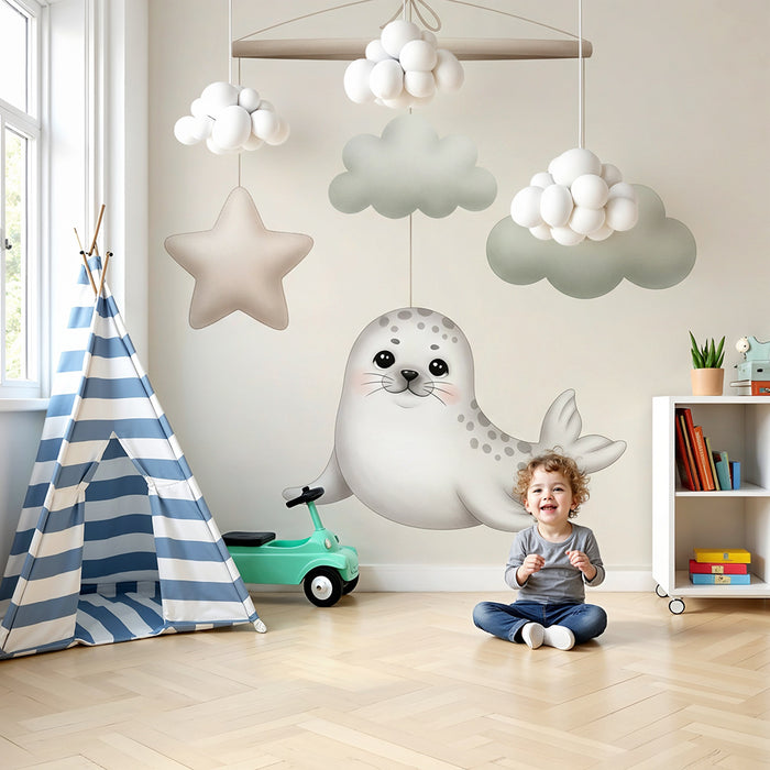 Papier peint chambre bébé | Mobile marin avec phoque et nuages