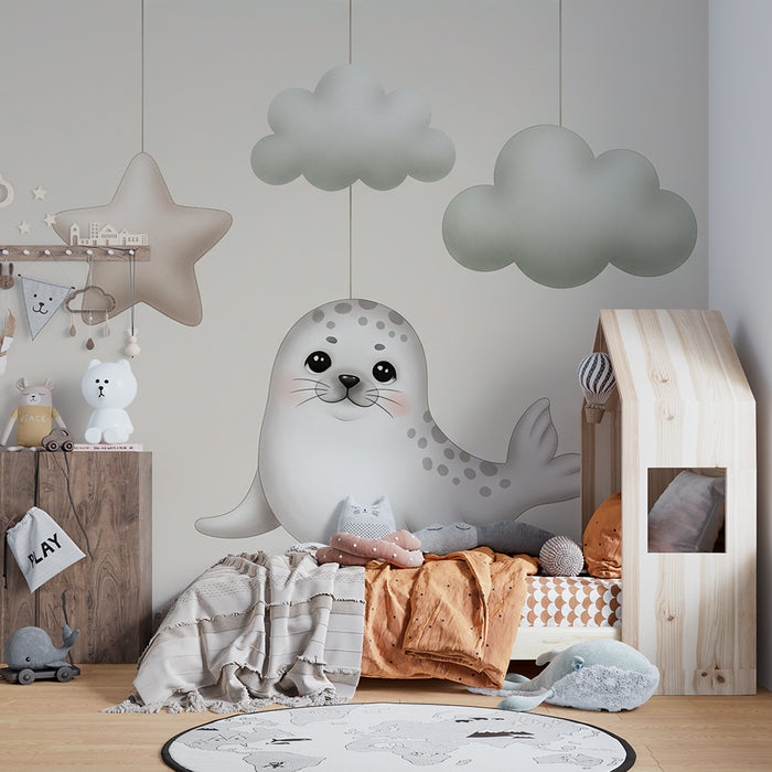 Papier peint chambre bébé | Mobile marin avec phoque et nuages