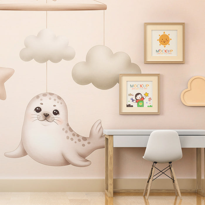 Papier peint chambre bébé | Mobile marin avec phoque et nuages